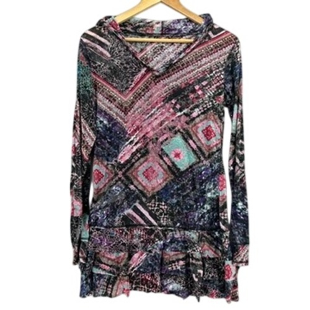 Y2K Cristina V Pink Rhinestone Breast Cancer Ribbon Print Hooded Ruffle Tunic L